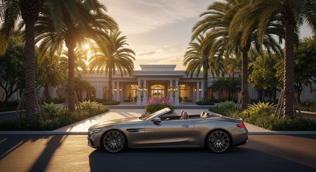 Auto cabriolet di lusso parcheggiata davanti all'ingresso di un resort tropicale al tramonto