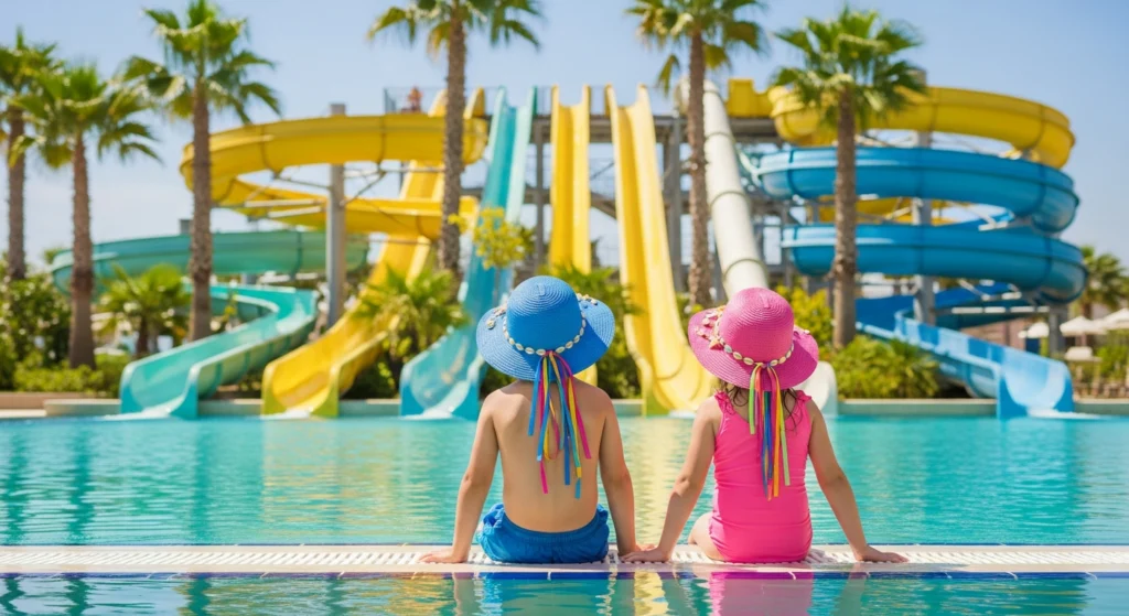 Due bambine con cappelli di paglia colorati sedute sul bordo di una piscina in un parco acquatico con scivoli giganti sullo sfondo.