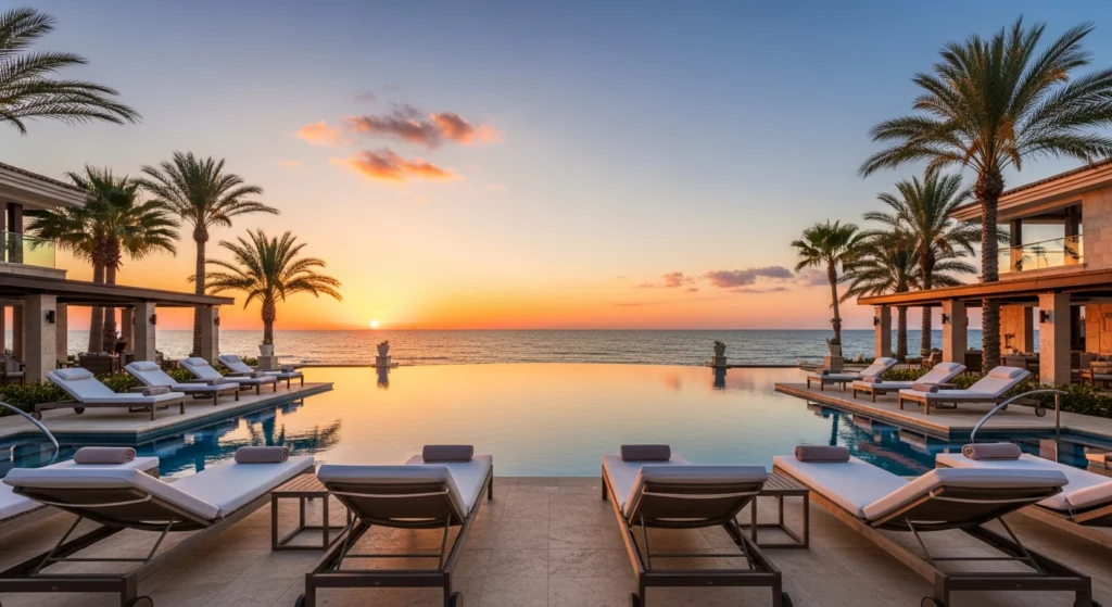 Piscina a sfioro di un resort di lusso circondata da palme al tramonto