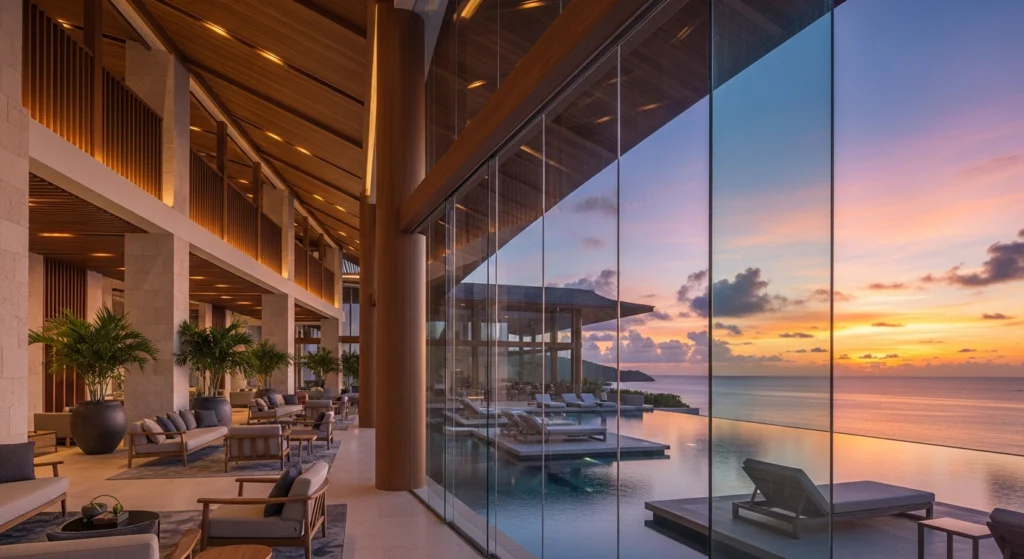Lobby di un resort di lusso con grandi vetrate affacciate su una piscina a sfioro e sul mare al tramonto.