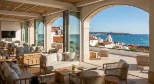 Elegante salone di un resort di lusso in Portogallo che si affaccia sulla costa soleggiata con architetture storiche sullo sfondo.