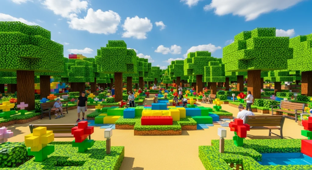 Un'area tematica all'aperto ispirata a un videogioco a blocchi pixelati all'interno di un resort per famiglie