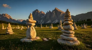 Colonnine di pietre in equilibrio su un prato alpino dell'Alto Adige al tramonto con montagne dolomitiche sullo sfondo