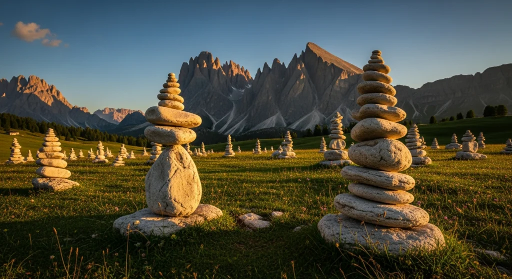 Colonnine di pietre in equilibrio su un prato alpino dell'Alto Adige al tramonto con montagne dolomitiche sullo sfondo