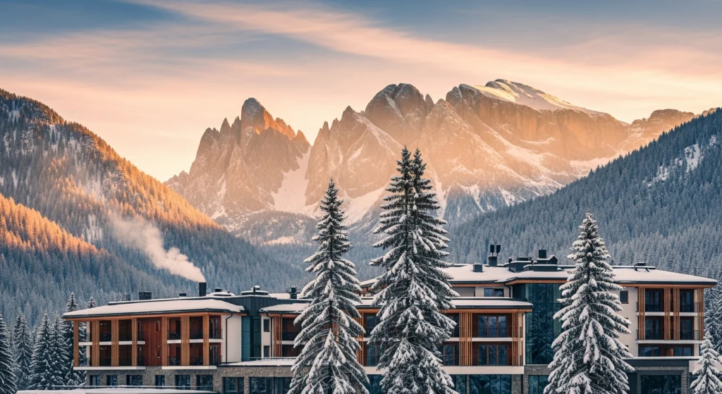 Un esclusivo chalet alpino in pietra e legno circondato dai boschi e dalle vette delle Alpi Giulie al tramonto
