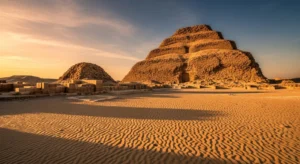 La piramide a gradoni di Saqqara lambita dalle sabbie dorate del deserto egiziano sotto un cielo limpido