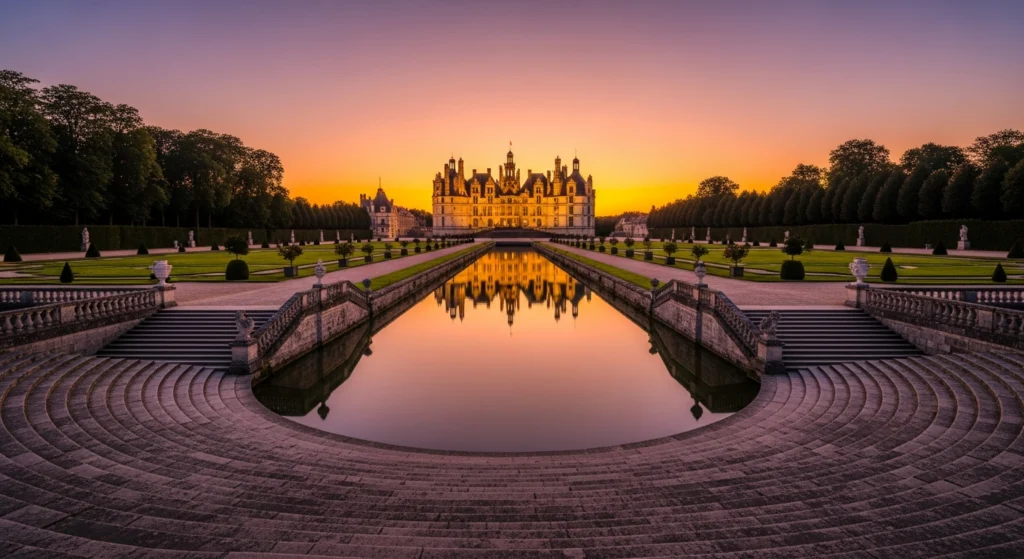 La maestosa facciata del Castello di Fontainebleau con la famosa scalinata a ferro di cavallo riflessa nel canale d'acqua al tramonto.