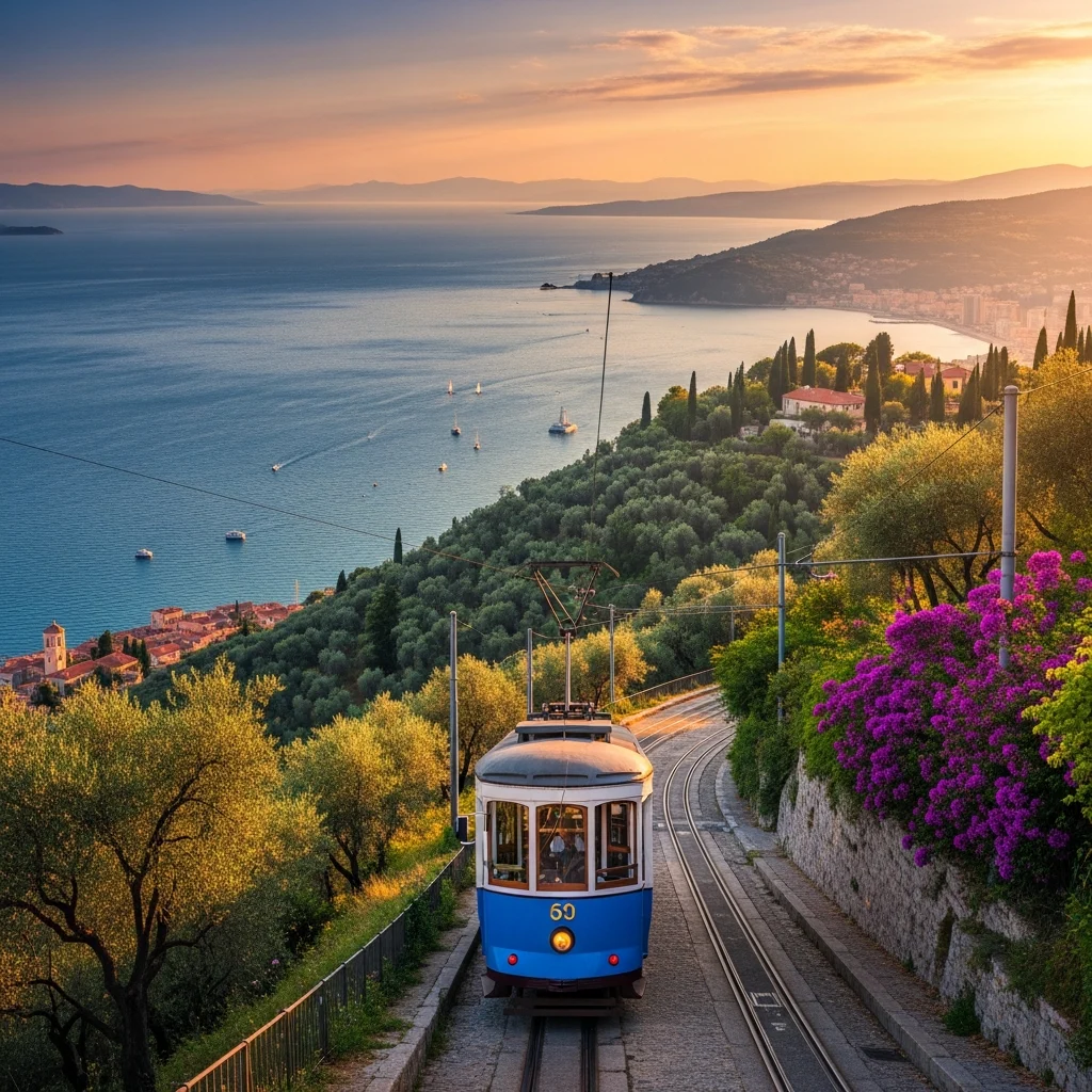 Un tram d'epoca azzurro e bianco che sale su una collina panoramica affacciata sul golfo di Trieste al tramonto.