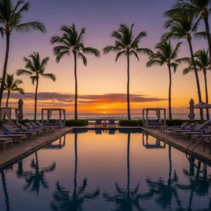 Piscina di un resort di lusso sulla spiaggia di Waikiki alle Hawaii durante il tramonto con palme e cielo colorato.