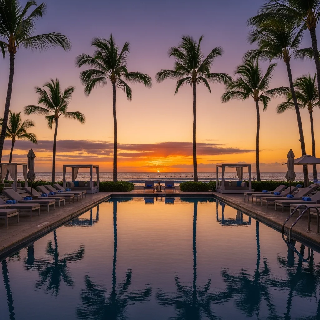 Piscina di un resort di lusso sulla spiaggia di Waikiki alle Hawaii durante il tramonto con palme e cielo colorato.