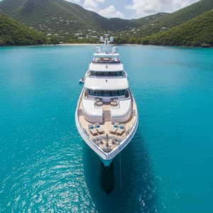 Un lussuoso superyacht bianco ancorato nelle acque turchesi dei Caraibi con colline tropicali sullo sfondo.