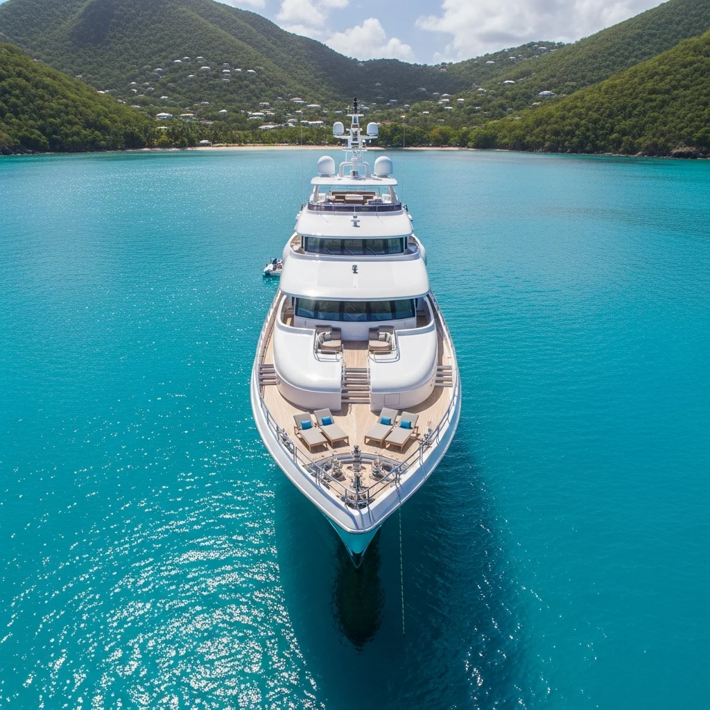 Un lussuoso superyacht bianco ancorato nelle acque turchesi dei Caraibi con colline tropicali sullo sfondo.