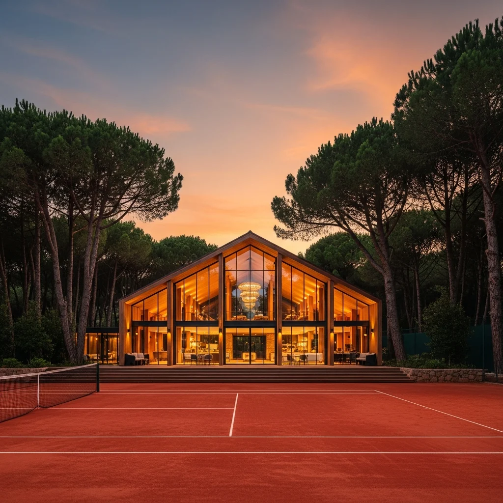 Elegante e moderna club house in vetro e legno del resort MarePineta circondata da pini secolari con un campo da tennis in terra rossa al tramonto.