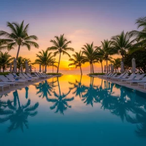Piscina di un resort di lusso a Punta Cana circondata da palme tropicali al tramonto.