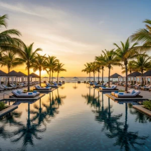Piscina a laguna di un resort all-inclusive di lusso circondata da palme al tramonto
