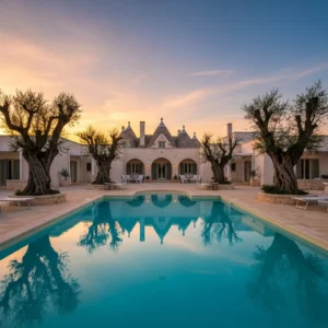 Un lussuoso resort pugliese in pietra bianca con una piscina illuminata al tramonto e ulivi secolari.