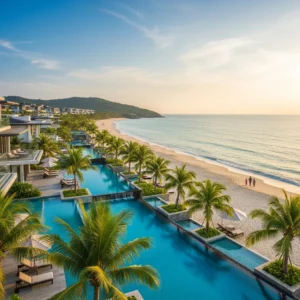 Un lussuoso resort sul mare nella baia di Bai Dai in Vietnam con piscine che si affacciano sulla spiaggia tropicale al tramonto.