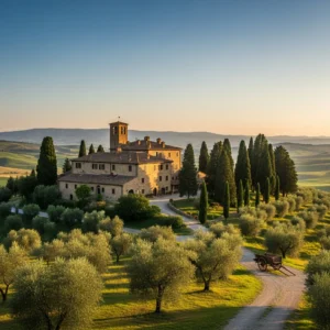 Un'antica tenuta in pietra tra le colline toscane circondata da cipressi e uliveti al tramonto
