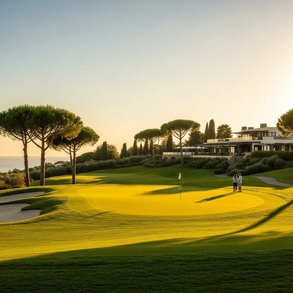 Un campo da golf verdeggiante in un resort di lusso all'Argentario, con la silhouette di una coppia in lontananza che ammira il tramonto toscano.