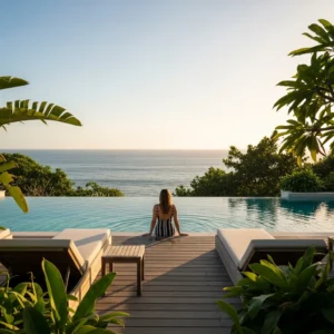 Donna vista di spalle seduta sul bordo di una piscina a sfioro in un resort di lusso al tramonto.