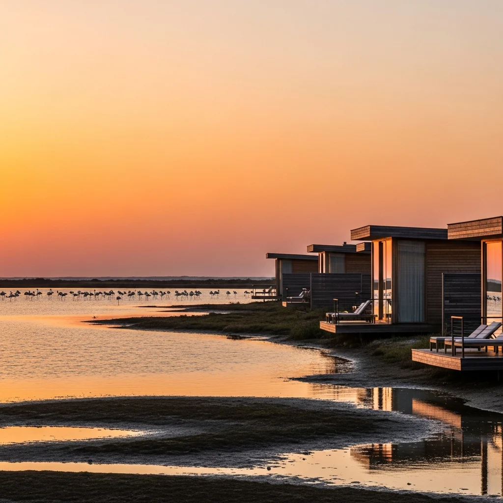 Un resort di lusso eco-sostenibile affacciato su una laguna incontaminata in Albania con fenicotteri rosa in lontananza al tramonto.