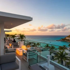Terrazza panoramica sul tetto di un lussuoso resort a St. Maarten affacciata sul mare caraibico al tramonto.