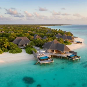 Resort di lusso con ville dal tetto di paglia su un'isola tropicale incontaminata in Mozambico