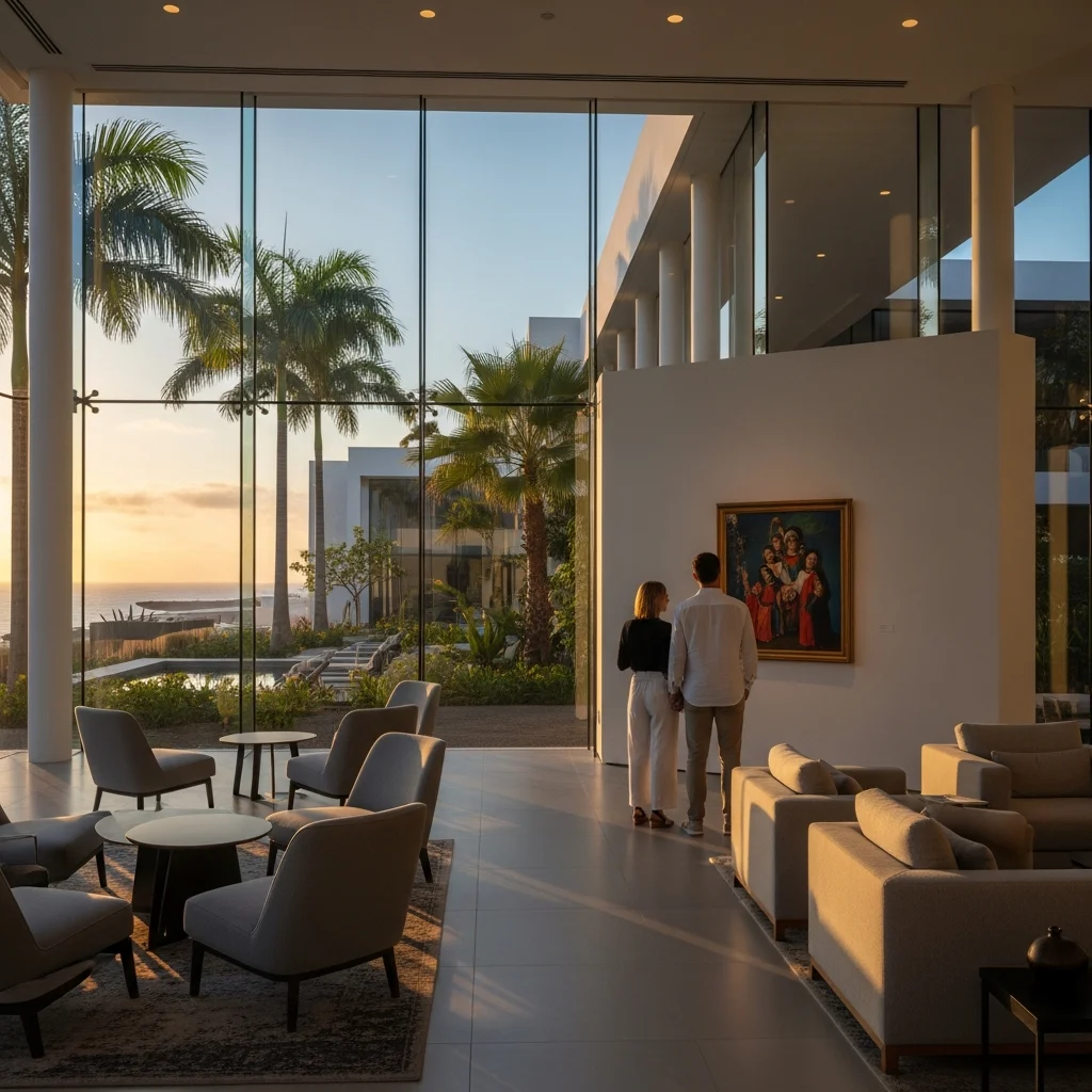Elegante coppia vista di spalle che ammira un quadro in una galleria d'arte all'interno di un resort di lusso con vetrata panoramica sul mare al tramonto