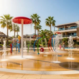 Un moderno parco acquatico per famiglie in un lussuoso resort spagnolo con palme e fontane d'acqua scintillanti sotto il sole.