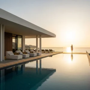 La terrazza panoramica di un resort di lusso in Spagna affacciata sul mare al tramonto.