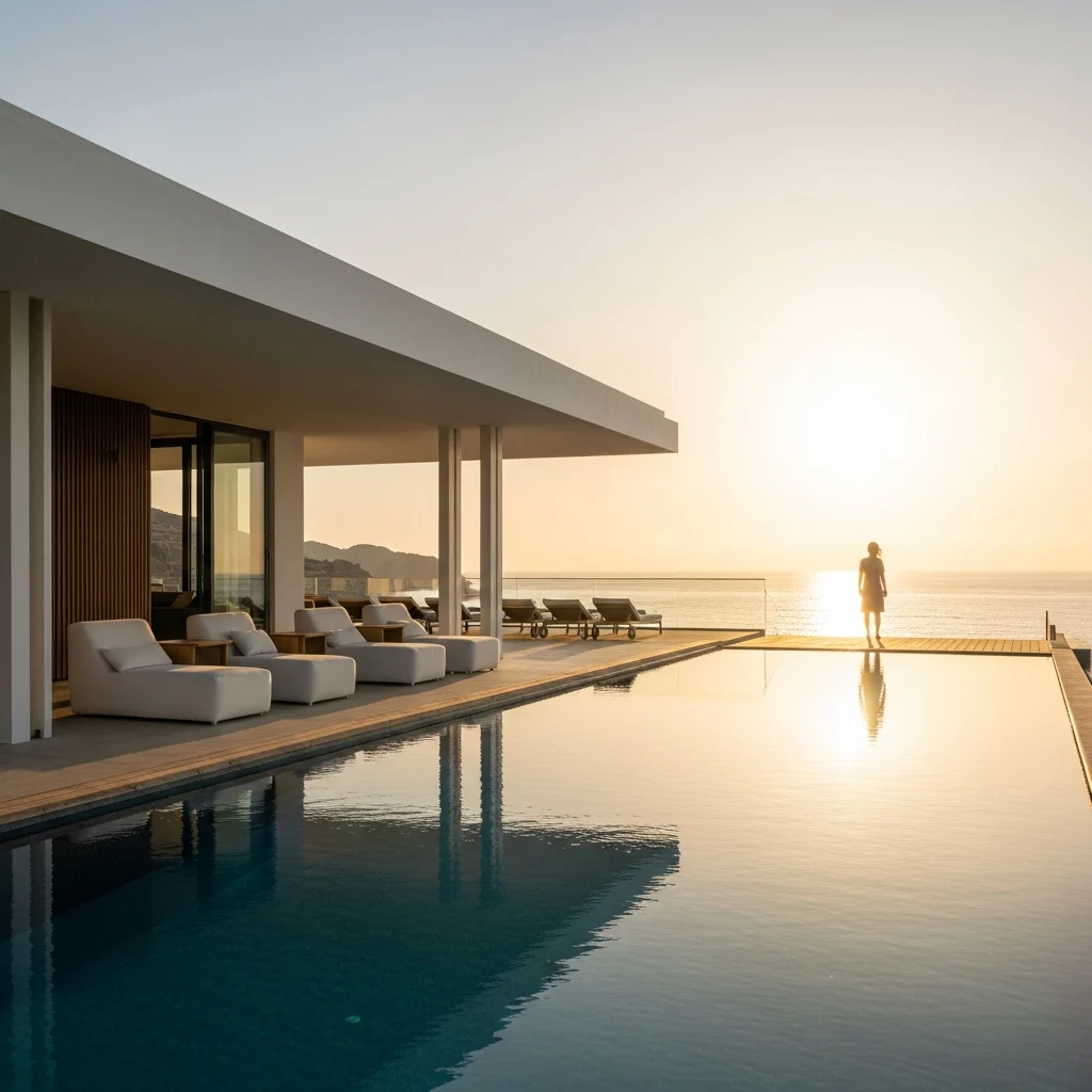 La terrazza panoramica di un resort di lusso in Spagna affacciata sul mare al tramonto.