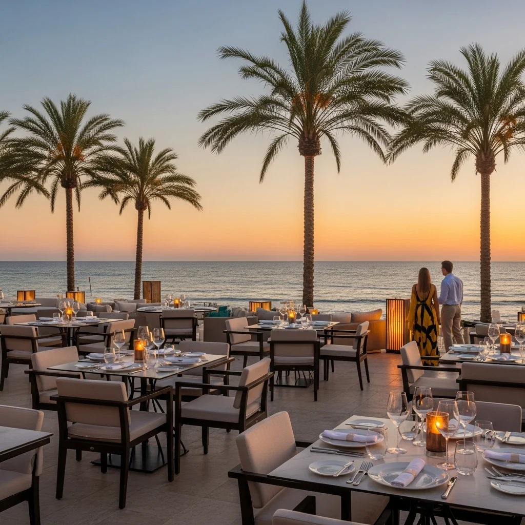 Elegante ristorante all'aperto di un resort di lusso a Marbella di fronte al mare al tramonto.
