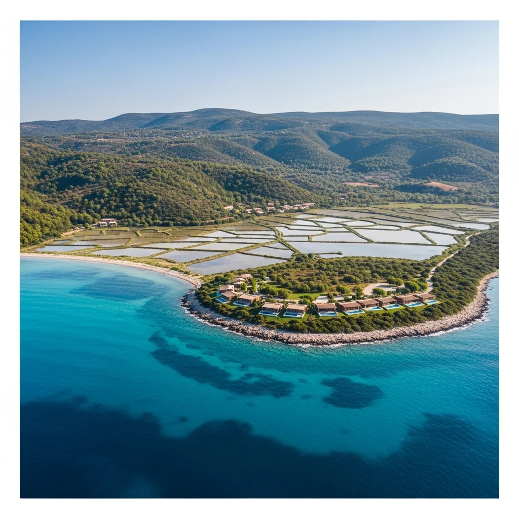 Vista panoramica dall'alto della costa incontaminata dell'Albania, con mare turchese e vegetazione rigogliosa.