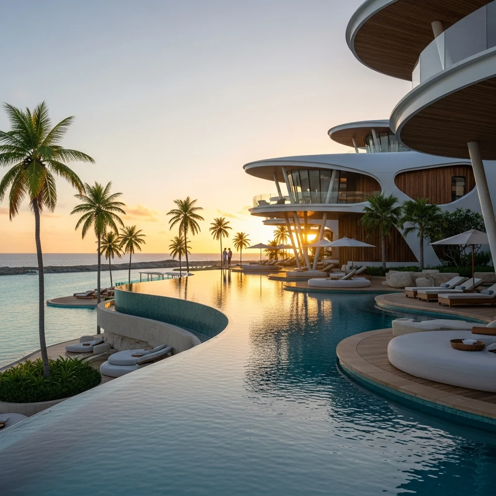 Vista panoramica di un lussuoso resort moderno a Punta Cana con piscine a sfioro, palme e architettura di design al tramonto.