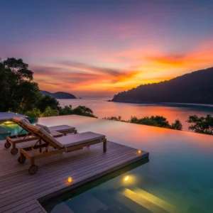 Elegante villa di un resort di lusso in Vietnam con piscina a sfioro vista mare al tramonto.