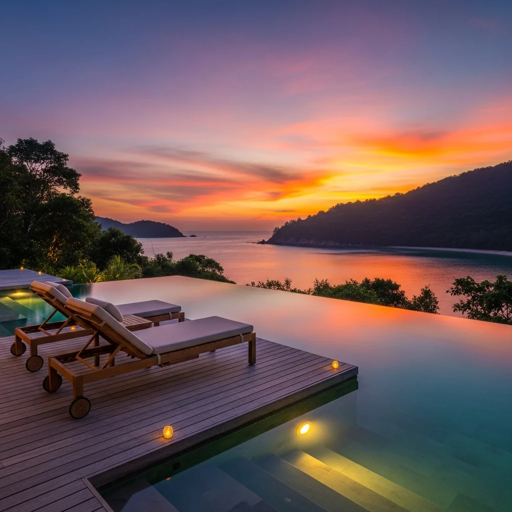 Elegante villa di un resort di lusso in Vietnam con piscina a sfioro vista mare al tramonto.