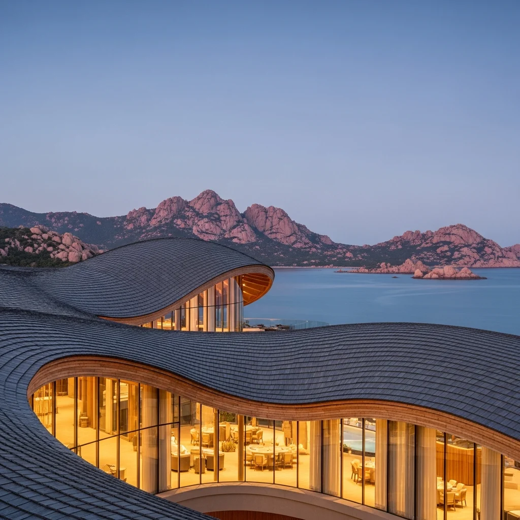 La spettacolare struttura in legno e vetro del Saffire Freycinet illuminata al tramonto sullo sfondo di baie e montagne della Tasmania.