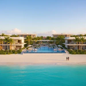 Vista aerea di un lussuoso resort all-inclusive con spiaggia di sabbia bianca, piscina a sfioro e palme tropicali, al tramonto.