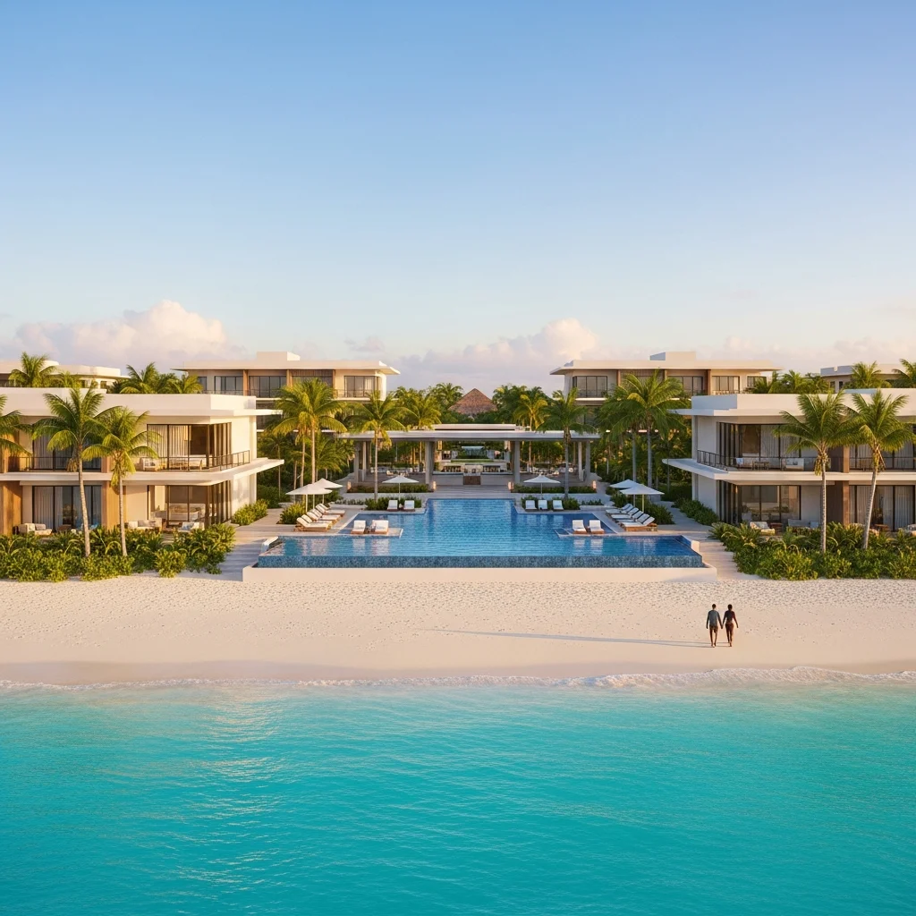 Vista aerea di un lussuoso resort all-inclusive con spiaggia di sabbia bianca, piscina a sfioro e palme tropicali, al tramonto.