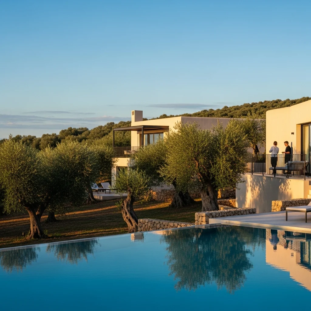 Vista aerea di un lussuoso resort siciliano immerso in un uliveto secolare, con una piscina a sfioro che riflette il cielo.
