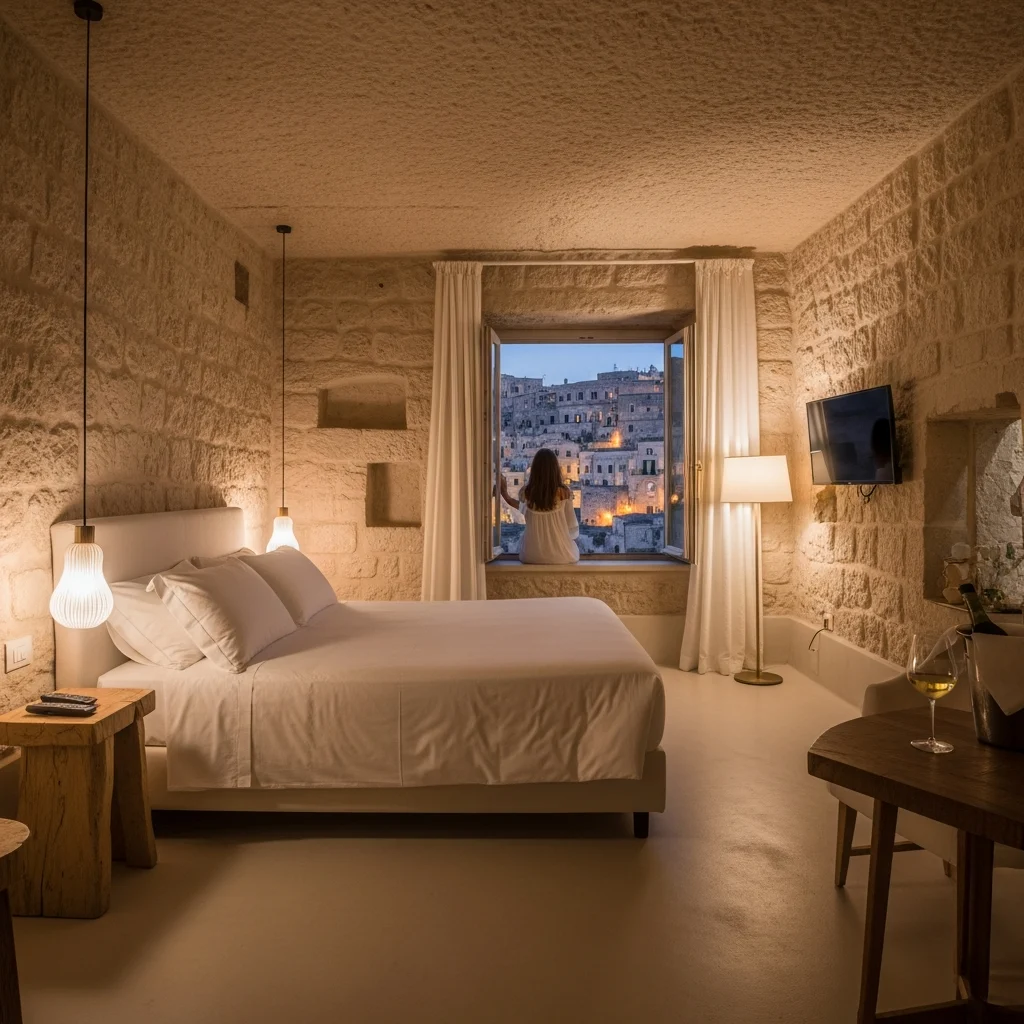 Interno di una suite di lusso scavata nella roccia, con arredi moderni e una persona di spalle che osserva il panorama storico di Matera.