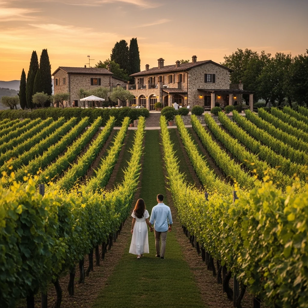 Coppia vista di spalle cammina tra i vigneti di un lussuoso wine resort italiano al tramonto.