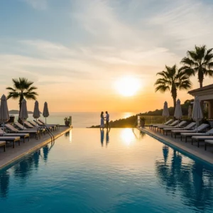 Piscina a sfioro di un resort di lusso con vista sul Mediterraneo al tramonto, con palme e una coppia in lontananza.