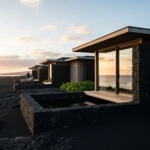 Architettura moderna e minimalista di un resort in roccia lavica, con ampie vetrate che si affacciano su un paesaggio costiero vulcanico e un oceano drammatico al tramonto.