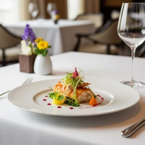 Un piatto gourmet elegantemente impiattato su un tavolo di un raffinato ristorante di un resort.