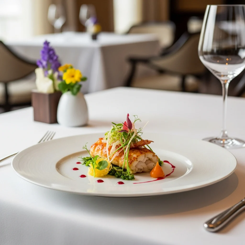 Un piatto gourmet elegantemente impiattato su un tavolo di un raffinato ristorante di un resort.