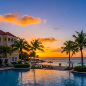 Tramonto su un lussuoso resort fronte mare a Curaçao, con piscine scintillanti e palme, e figure di persone in lontananza.