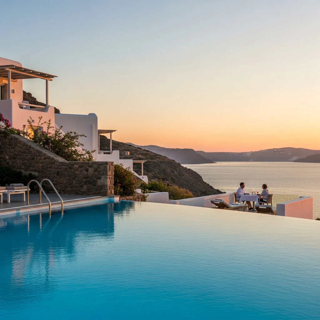 Piscina a sfioro di un lussuoso resort con vista sul Mar Egeo al tramonto, con architettura bianca tradizionale e vegetazione mediterranea.