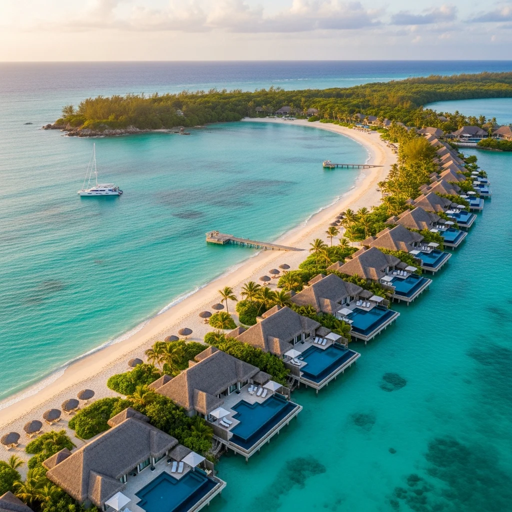 Vista aerea di un lussuoso resort tropicale su una spiaggia di sabbia bianca con acque turchesi al tramonto.