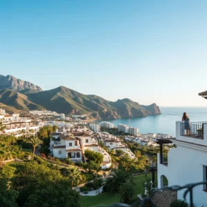 Panoramica di un lussuoso resort a Mojácar, Spagna, con montagne sullo sfondo e il mare cristallino in primo piano.
